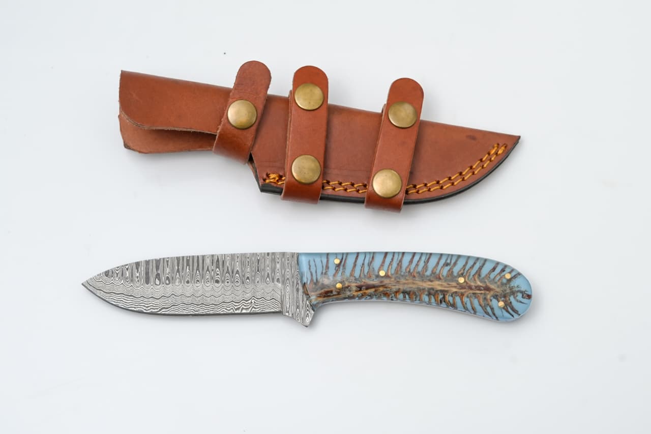 Custom Damascus Steel Knife with Blue Resin &amp; Bone Handle - TK-425