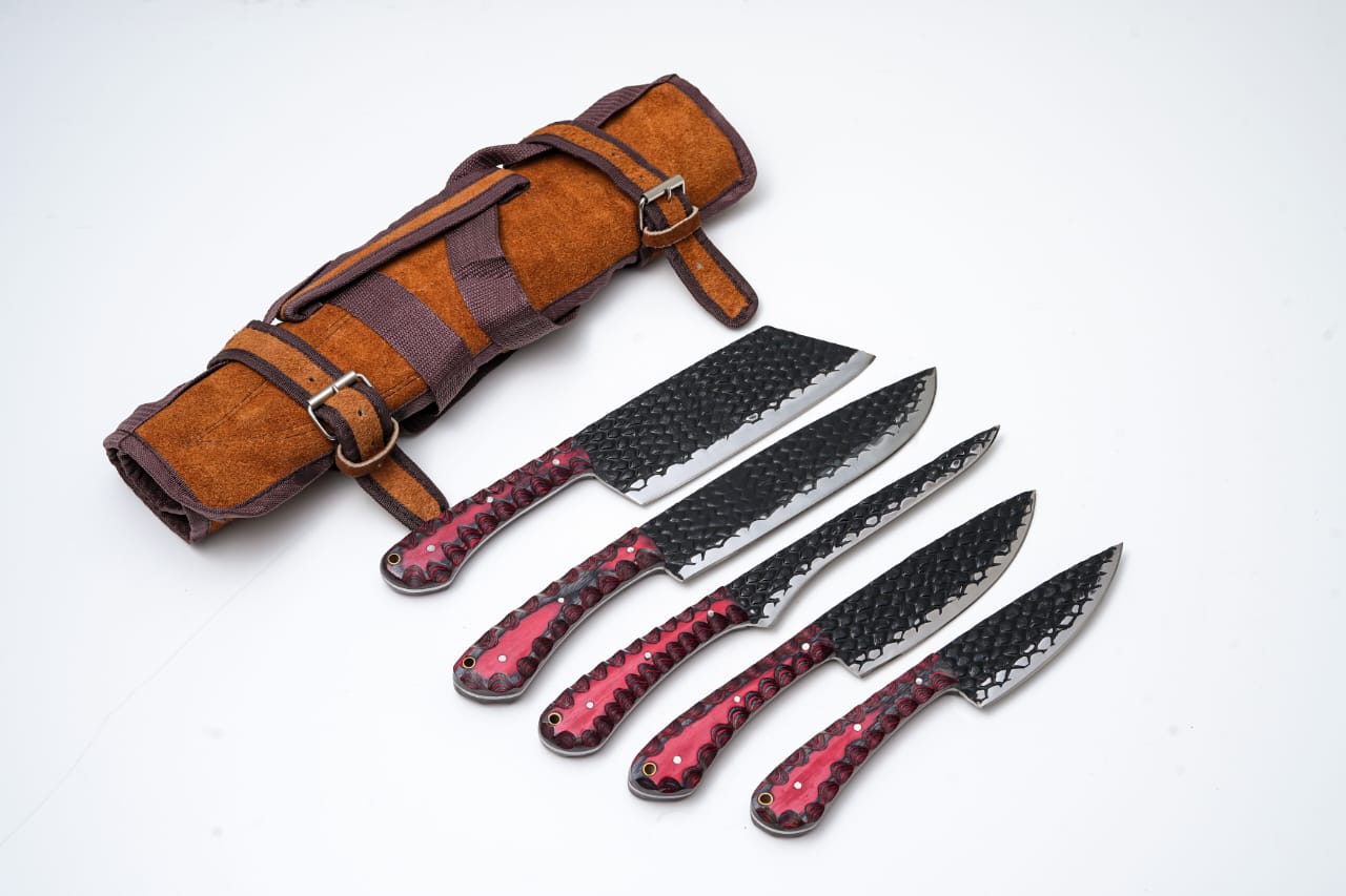 5-Piece Hand-Forged Kitchen Knife Set - Dragon Scale Carbon Steel - Red Diamond Wood Handles &amp; Leather roll - CK-002