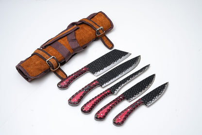 5-Piece Hand-Forged Kitchen Knife Set - Dragon Scale Carbon Steel - Red Diamond Wood Handles &amp; Leather roll - CK-002