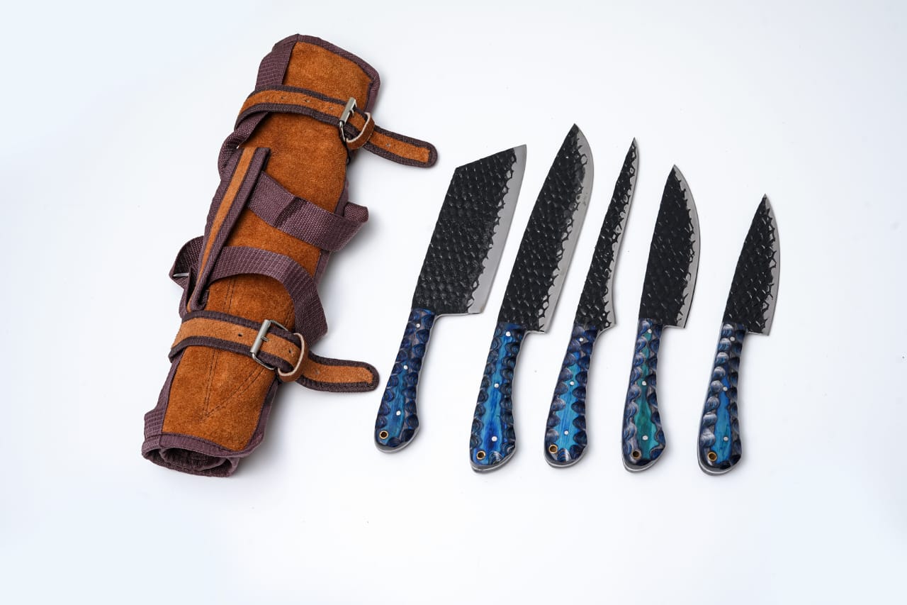 5-Piece Hand-Forged Kitchen Knife Set - Dragon Scale Carbon Steel - Blue Diamond wood Handles &amp; Leather roll - CK-001