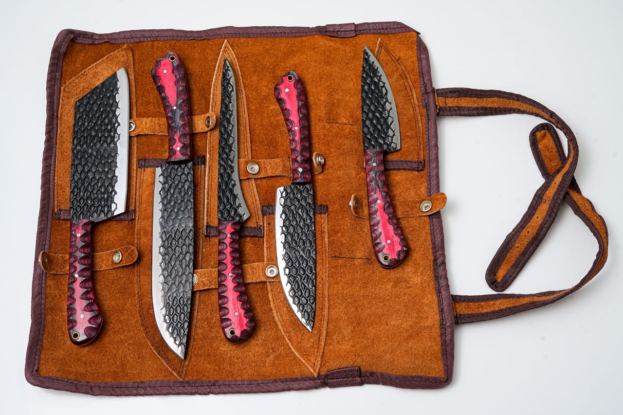 5-Piece Hand-Forged Kitchen Knife Set - Dragon Scale Carbon Steel - Red Diamond Wood Handles &amp; Leather roll - CK-002