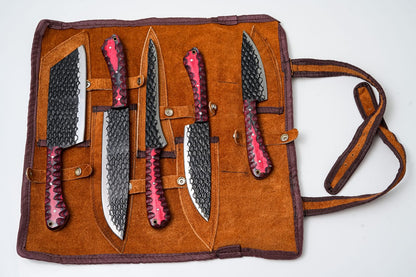 5-Piece Hand-Forged Kitchen Knife Set - Dragon Scale Carbon Steel - Red Diamond Wood Handles &amp; Leather roll - CK-002