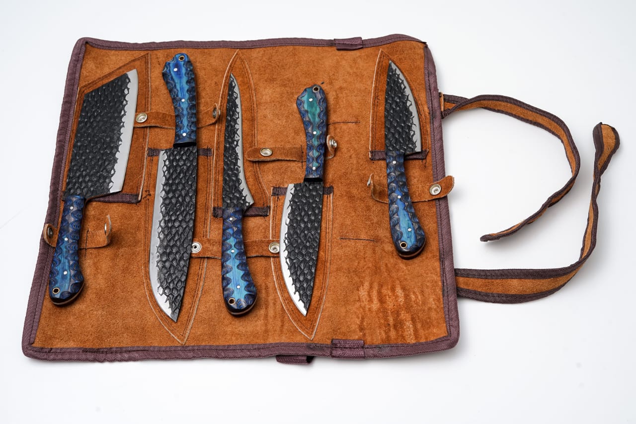 5-Piece Hand-Forged Kitchen Knife Set - Dragon Scale Carbon Steel - Blue Diamond wood Handles &amp; Leather roll - CK-001