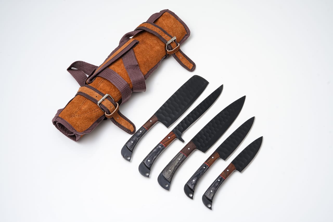 Hand-Forged 5-Piece Kitchen Knife Set | Hammered Black Carbon Steel | Pakkawood &amp; Black WalnutHandles - CK-003