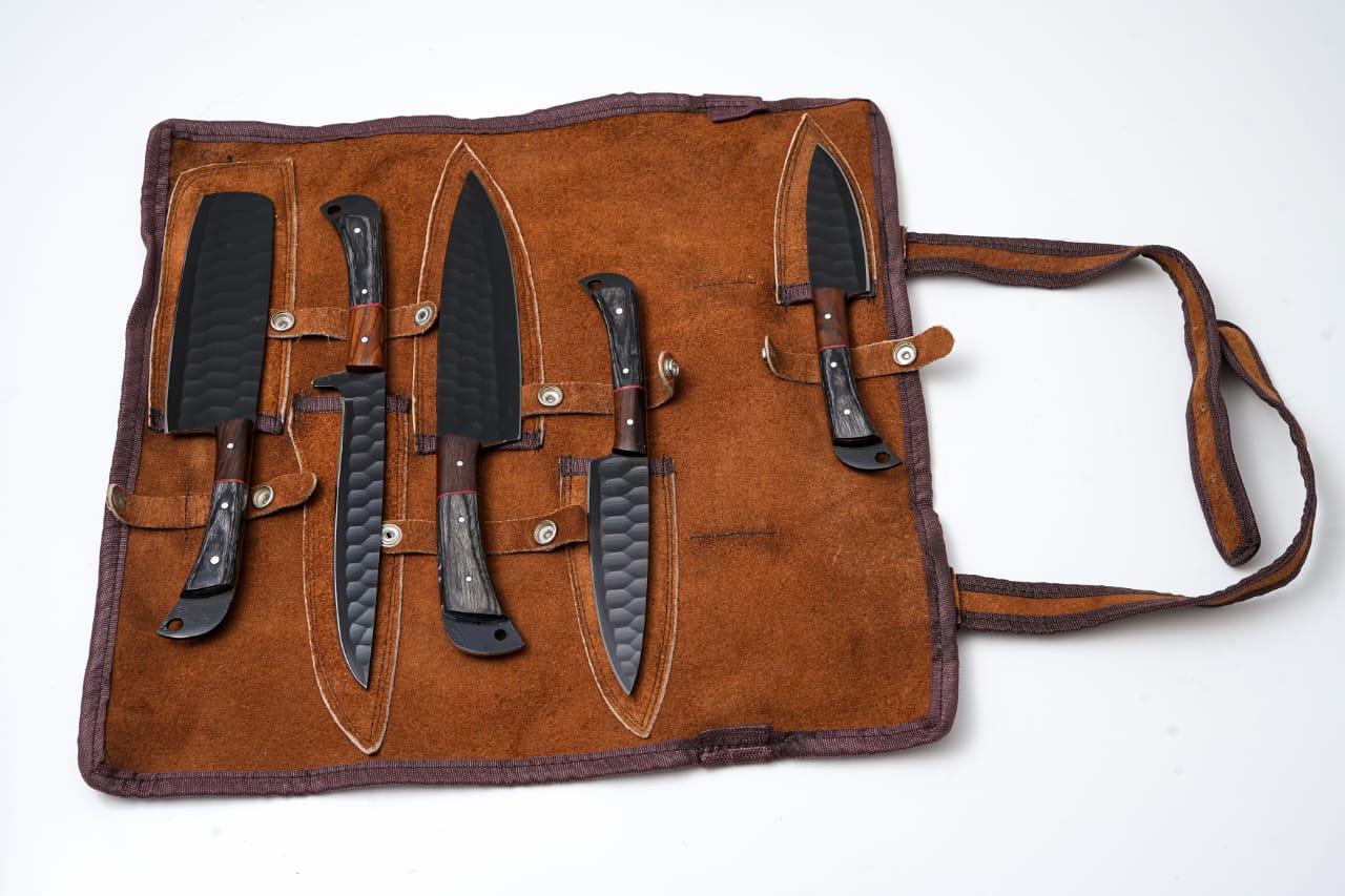 Hand-Forged 5-Piece Kitchen Knife Set | Hammered Black Carbon Steel | Pakkawood &amp; Black WalnutHandles - CK-003