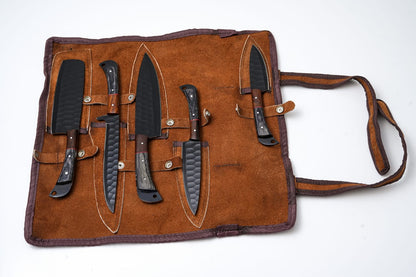 Hand-Forged 5-Piece Kitchen Knife Set | Hammered Black Carbon Steel | Pakkawood &amp; Black WalnutHandles - CK-003