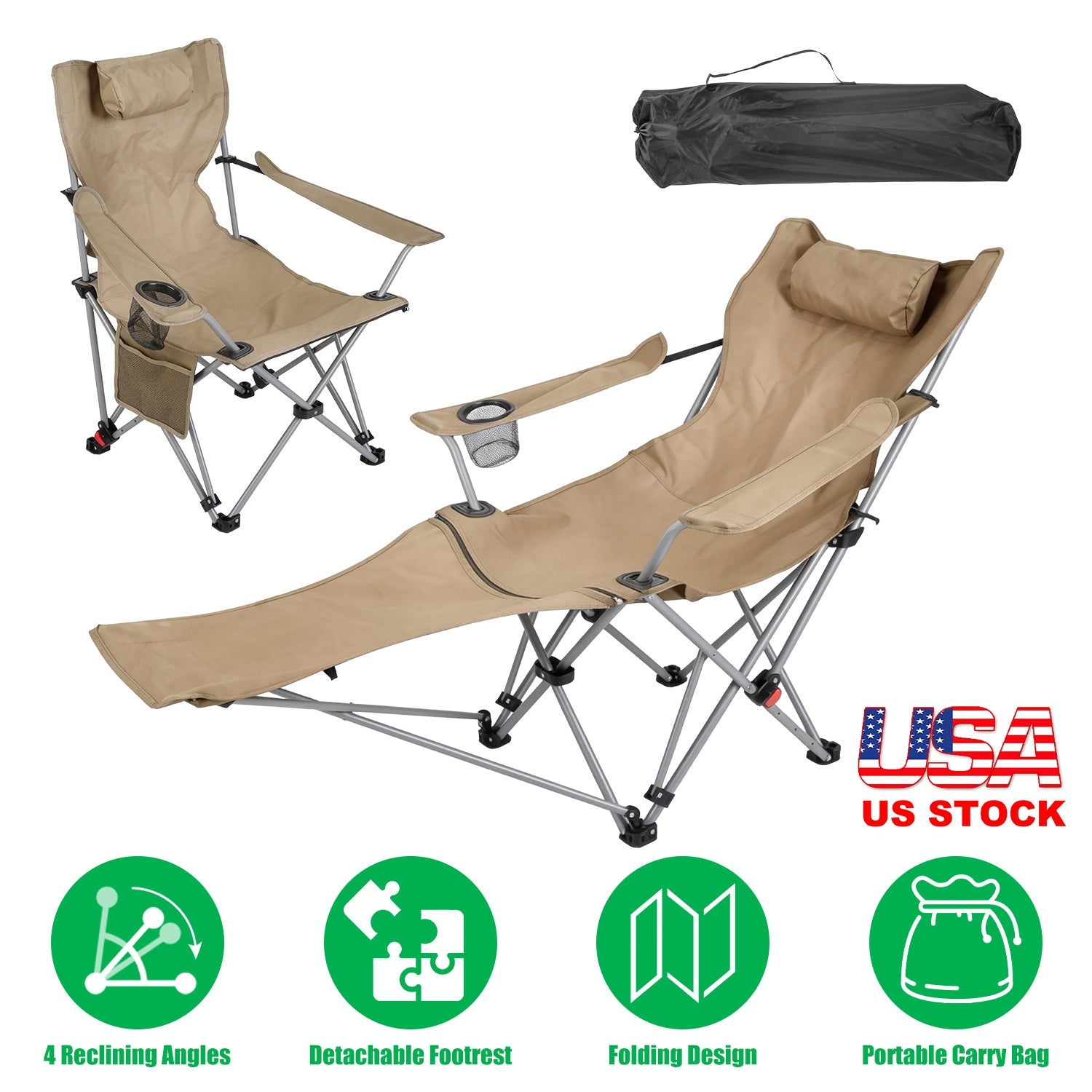 Reclining Camping Chair with Footrest 4-Position Adjustable Outdoor Folding Chair Heavy Duty Portable Camping Lounge Chair with Headrest Cup Holder &amp;