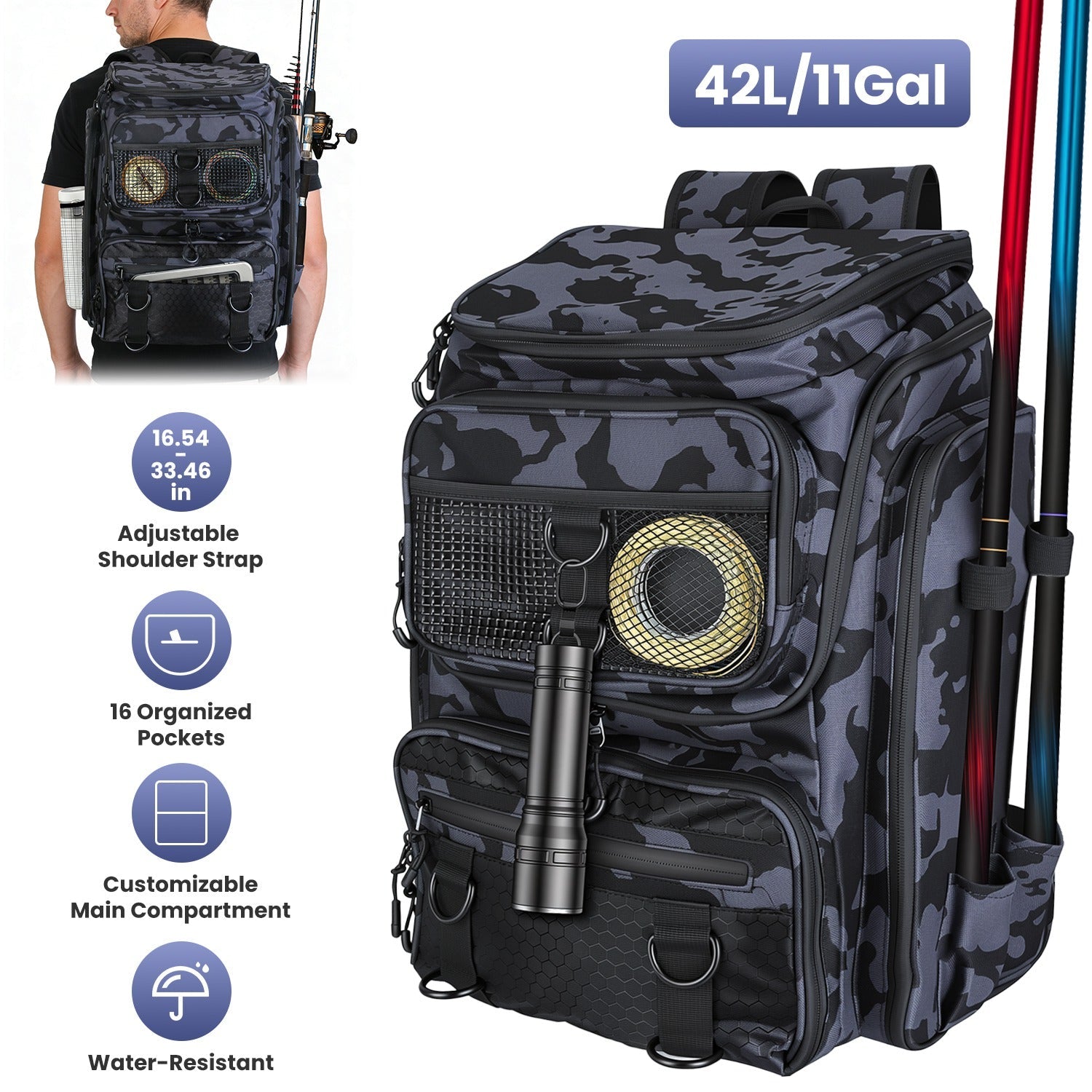 42L/11Gal Fishing Backpack Large Capacity Fishing Tackle Storage Bag w – Health Ranger Store