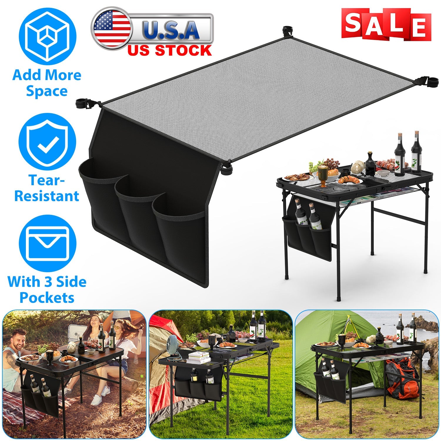 Hanging Storage Net for 35.43x23.62 Camping Table Under Table Folding Net Bag Tear-Resistant with 3 Side Pockets 4 Corner Clips for Camping Hiking Fis