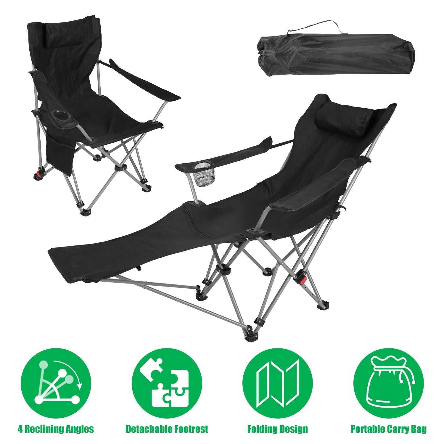 Reclining Camping Chair with Footrest 4-Position Adjustable Outdoor Folding Chair Heavy Duty Portable Camping Lounge Chair with Headrest Cup Holder &amp;