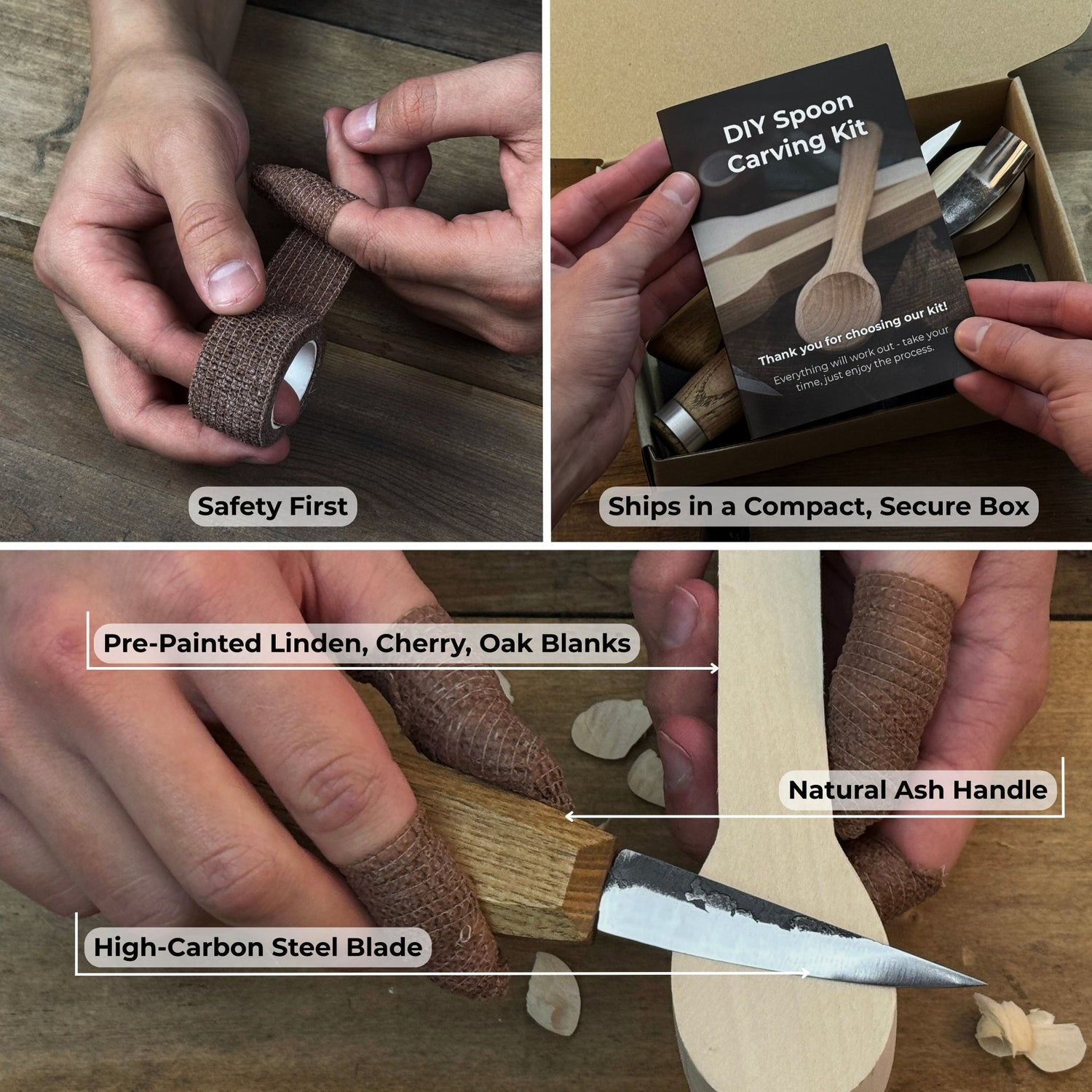 DIY 3-Piece Spoon Carving Kit for Beginners – Linden, Cherry &amp; Oak Wood Blanks