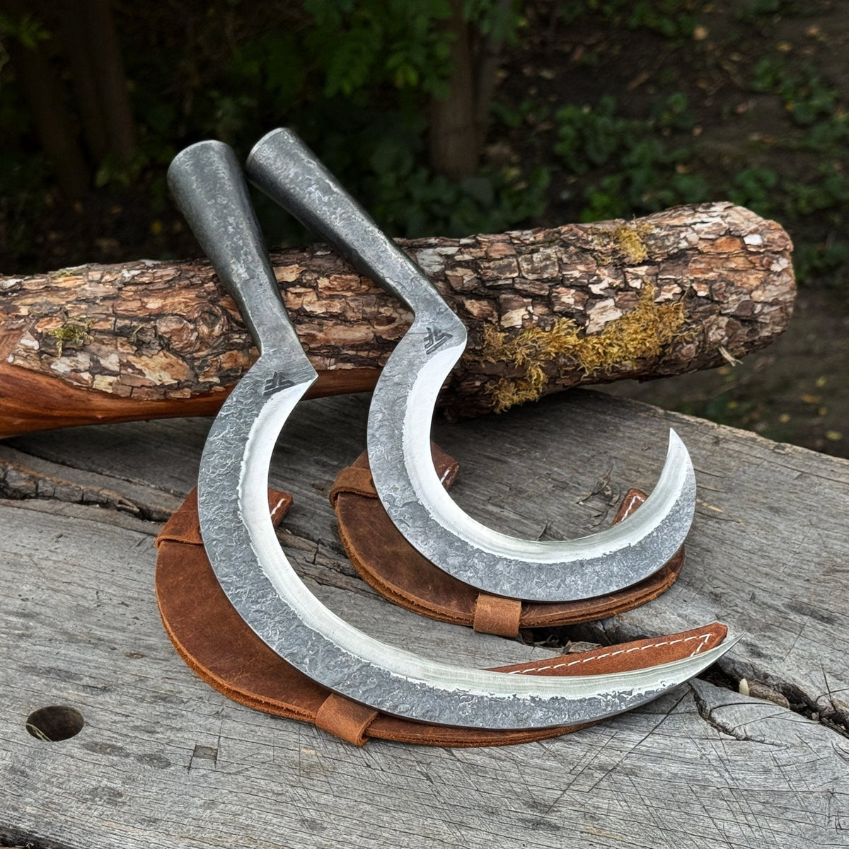 Hand-Forged 2-Piece Garden Sickle Set with Leather Sheaths