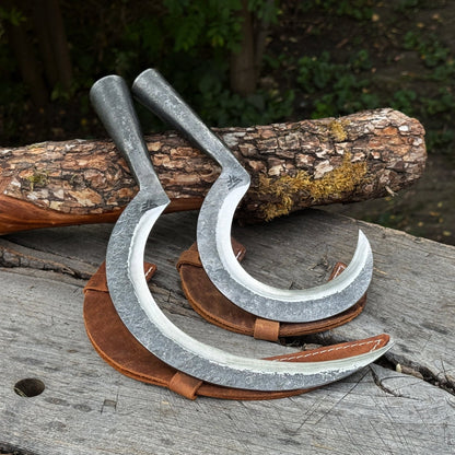 Hand-Forged 2-Piece Garden Sickle Set with Leather Sheaths