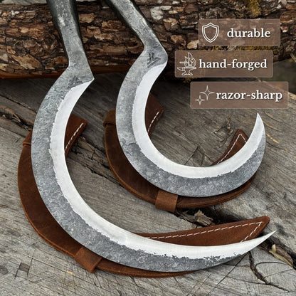 Hand-Forged 2-Piece Garden Sickle Set with Leather Sheaths