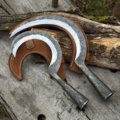 Hand-Forged 2-Piece Garden Sickle Set with Leather Sheaths
