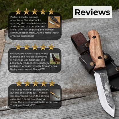 Hand-Forged Bushcraft Knife, 10 cm (3.9 in) Blade with Leather Sheath
