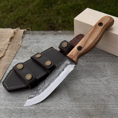 Hand-Forged Bushcraft Knife, 10 cm (3.9 in) Blade with Leather Sheath
