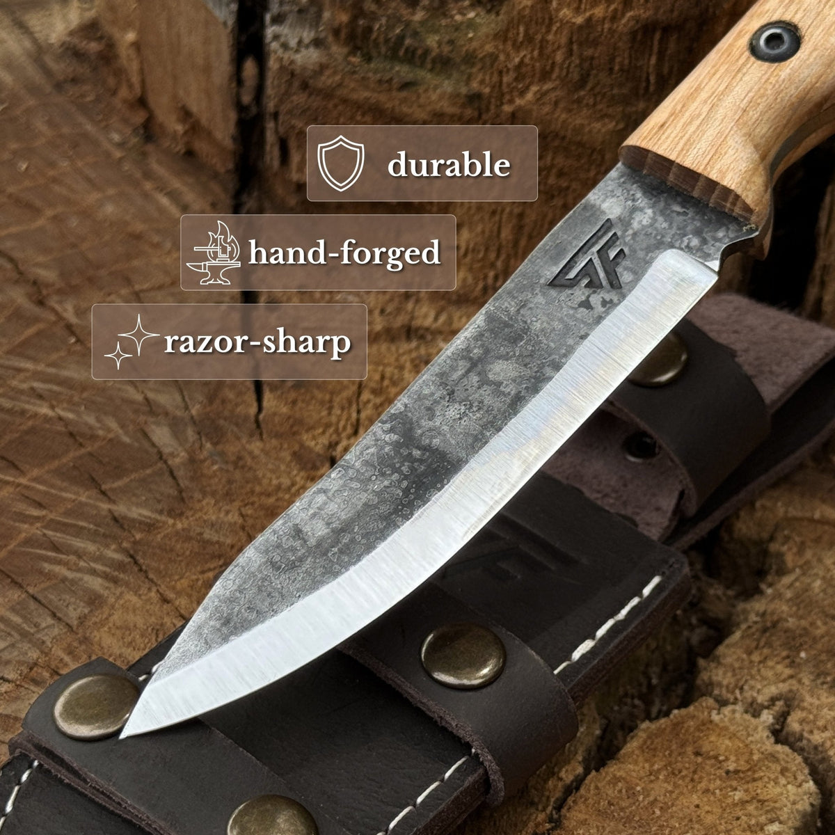 Hand-Forged Bushcraft Knife, 10 cm (3.9 in) Blade with Leather Sheath