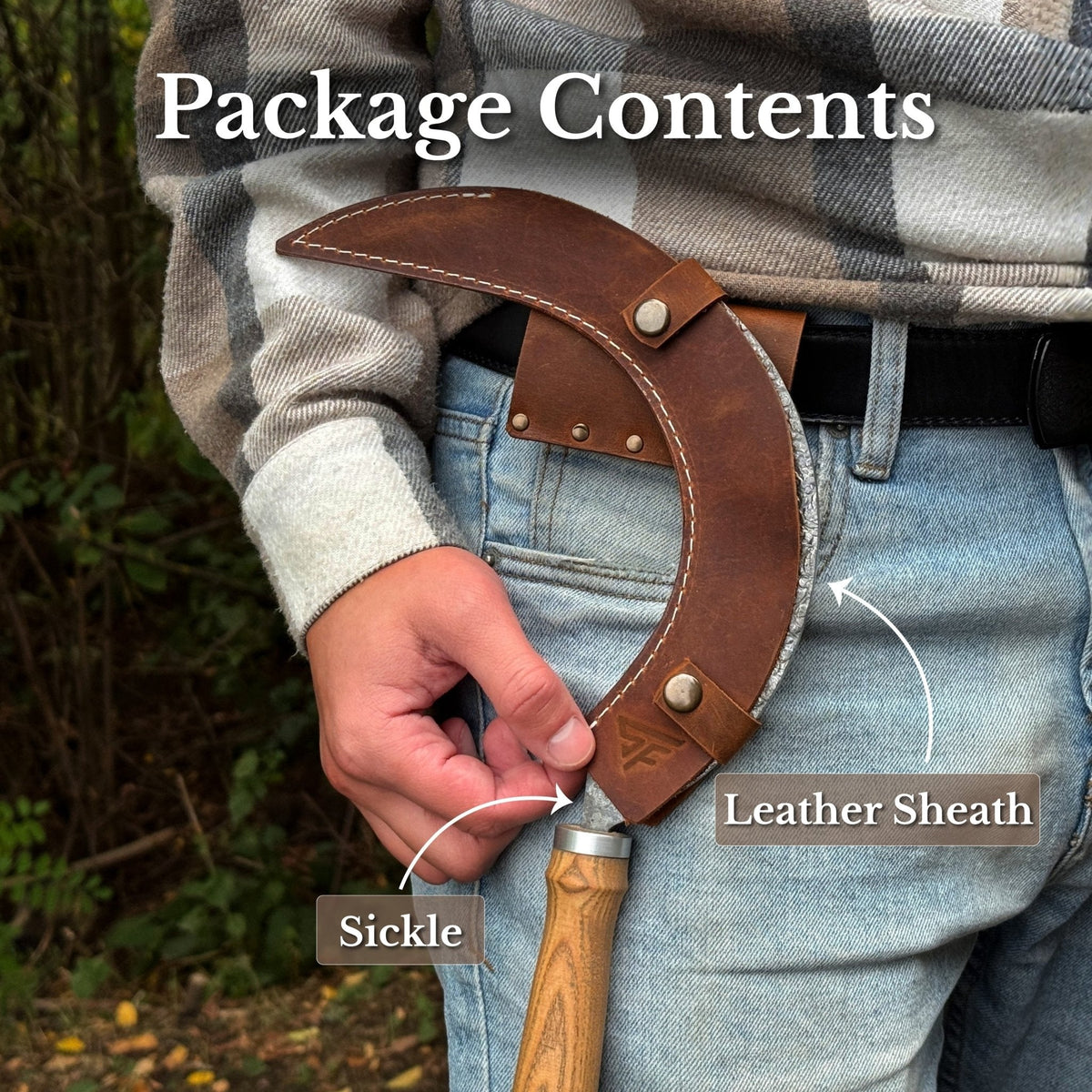 Hand-Forged Large Sickle, ⌀19 cm (7.5 inches) Blade, Leather Belt Attachment