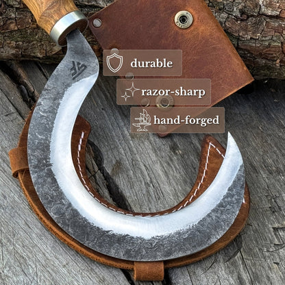 Hand-Forged Small Sickle, 9 cm / 3.54 in Blade with Leather Belt Attachment