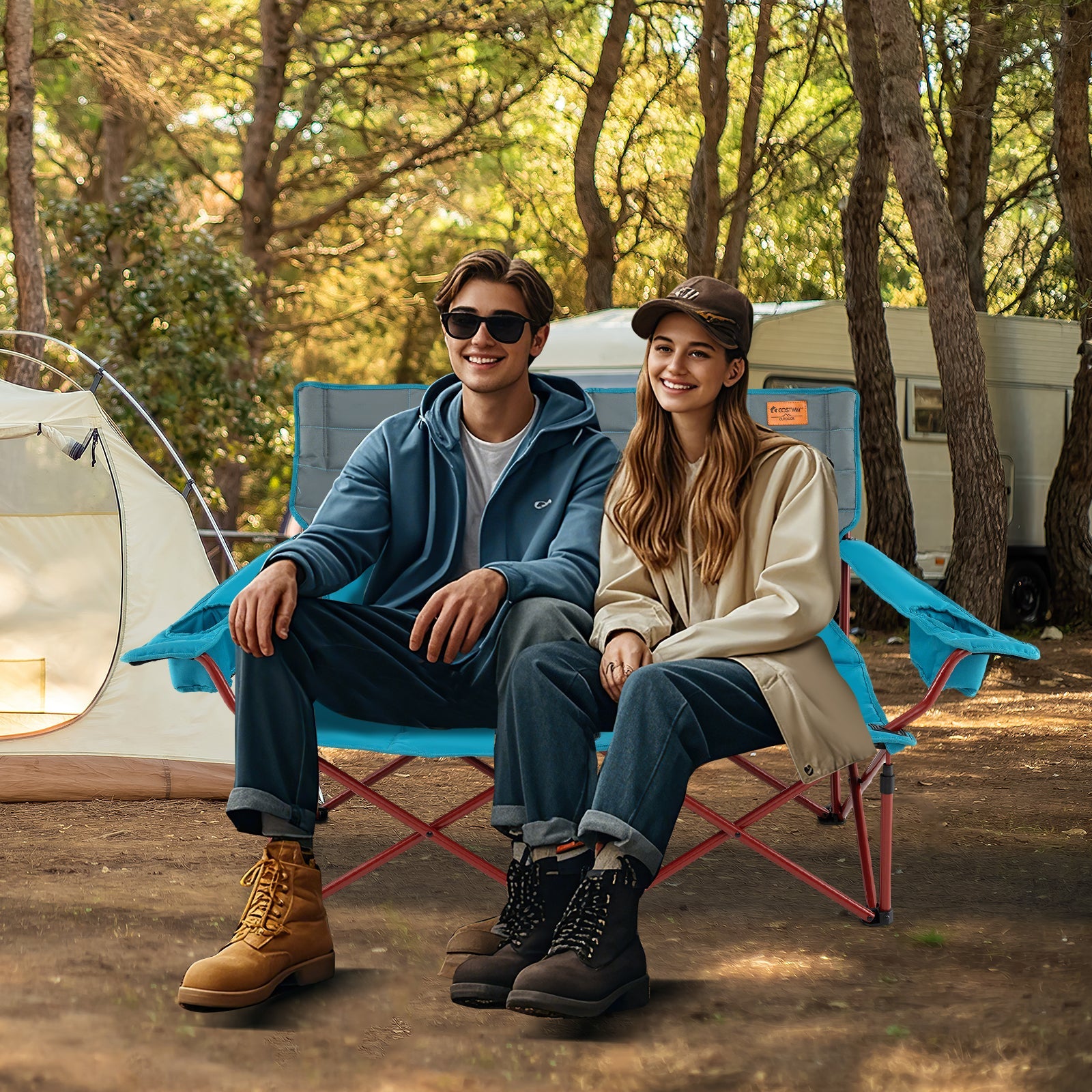 Oversized Camping Chair Folding Loveseat Camping Couch with Cup Holders &amp; Thick Padding