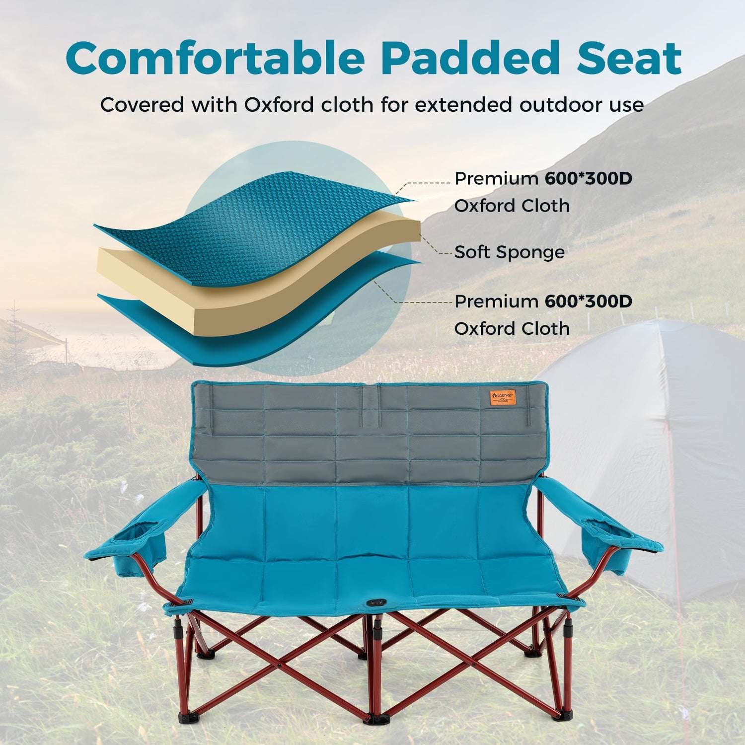 Oversized Camping Chair Folding Loveseat Camping Couch with Cup Holders &amp; Thick Padding