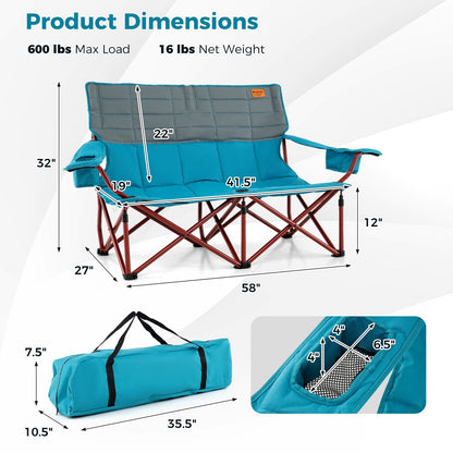 Oversized Camping Chair Folding Loveseat Camping Couch with Cup Holders &amp; Thick Padding
