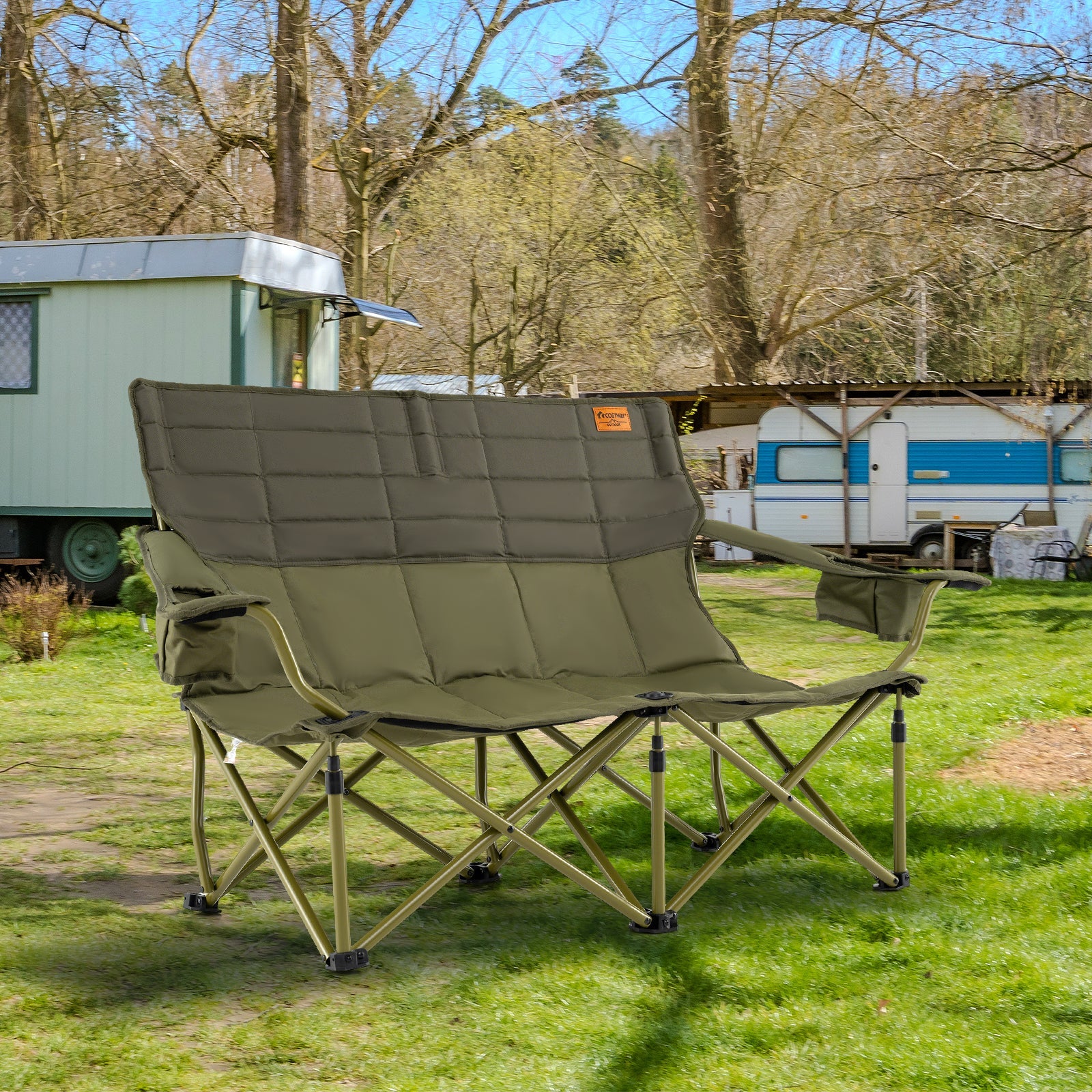 Oversized Camping Chair Folding Loveseat Camping Couch with Cup Holders &amp; Thick Padding