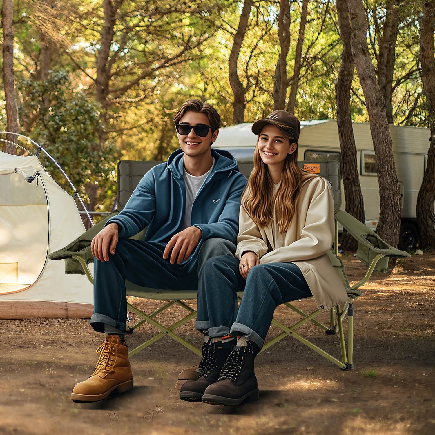 Oversized Camping Chair Folding Loveseat Camping Couch with Cup Holders &amp; Thick Padding