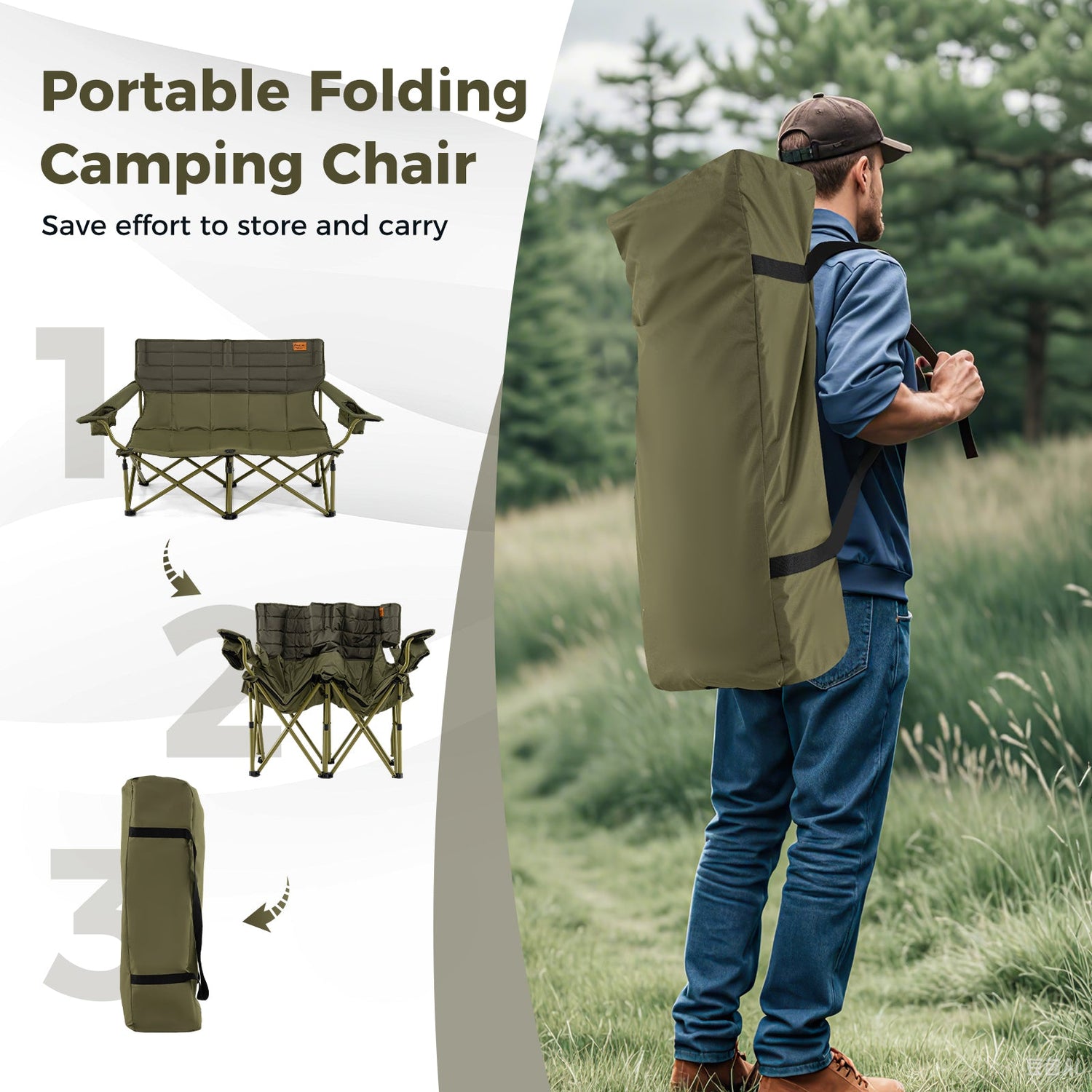 Oversized Camping Chair Folding Loveseat Camping Couch with Cup Holders &amp; Thick Padding