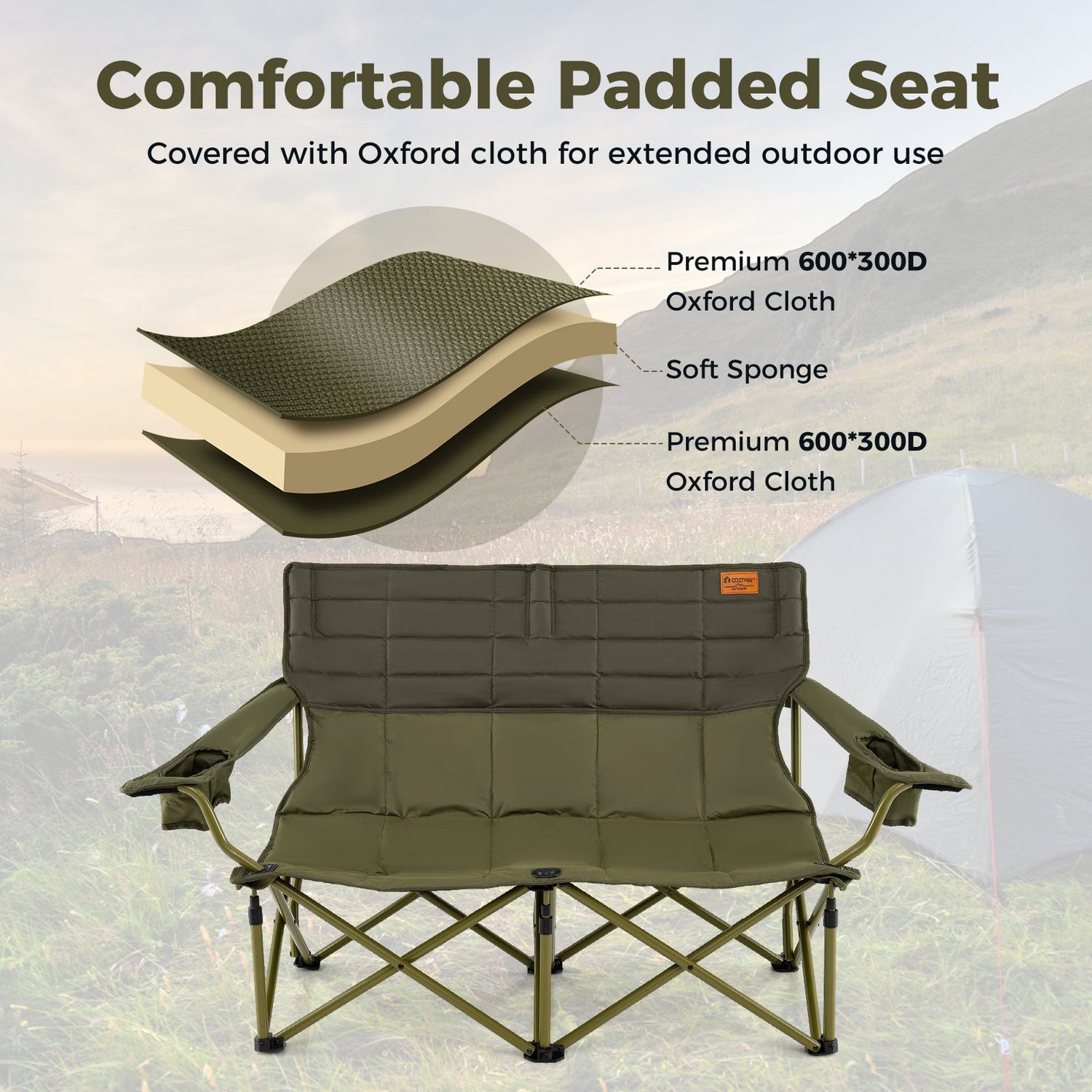Oversized Camping Chair Folding Loveseat Camping Couch with Cup Holders &amp; Thick Padding