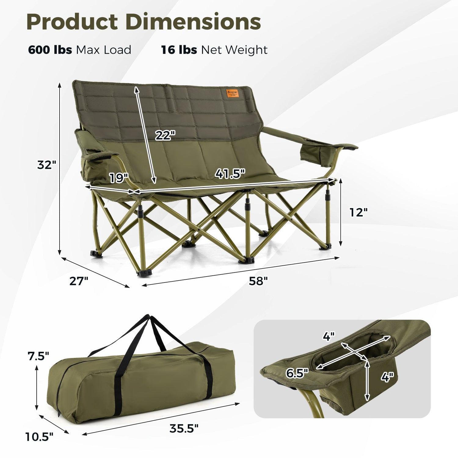 Oversized Camping Chair Folding Loveseat Camping Couch with Cup Holders &amp; Thick Padding