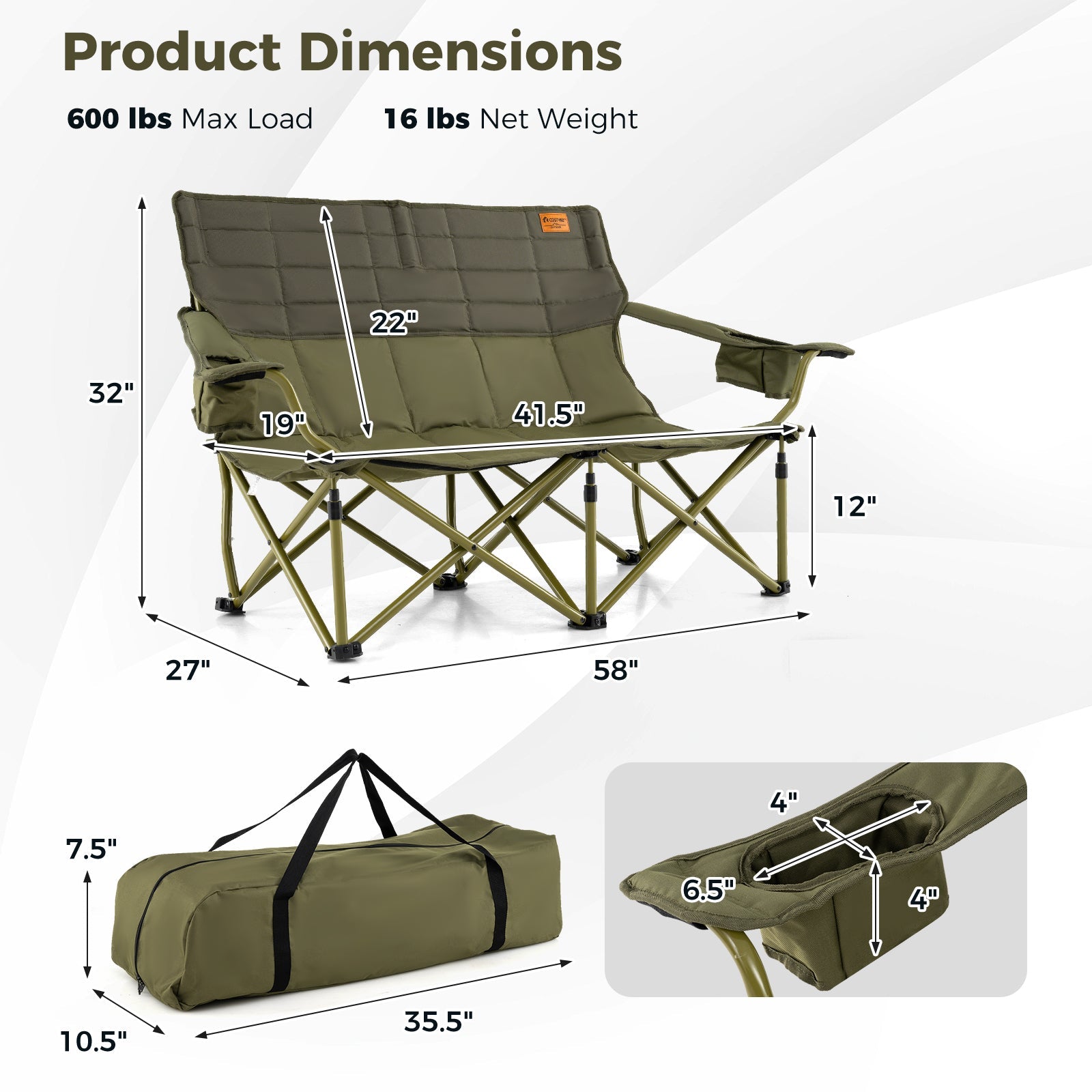 Oversized Camping Chair Folding Loveseat Camping Couch with Cup Holders &amp; Thick Padding