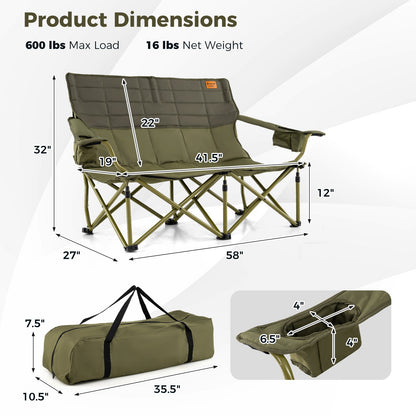 Oversized Camping Chair Folding Loveseat Camping Couch with Cup Holders &amp; Thick Padding