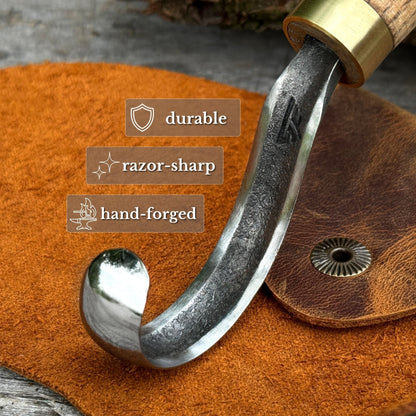Spoon Carving Hook Knife with Leather Sheath, Blade 3.5 cm (1.38 inches)
