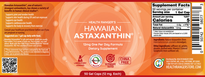 Health Ranger's Hawaiian Astaxanthin 12mg 50 gelcaps
