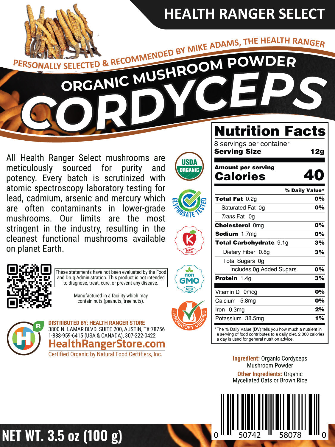 Organic Cordyceps Mushroom Powder 3.5 oz (100g) (6-Pack)
