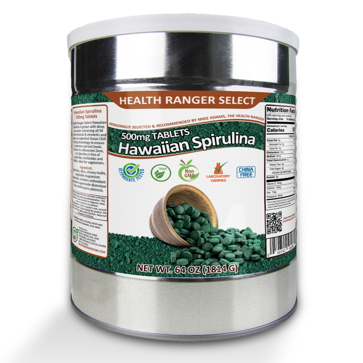 Hawaiian Spirulina Cold Pressed 500mg Tablets (64oz, 1814g), approxima Health Ranger Store