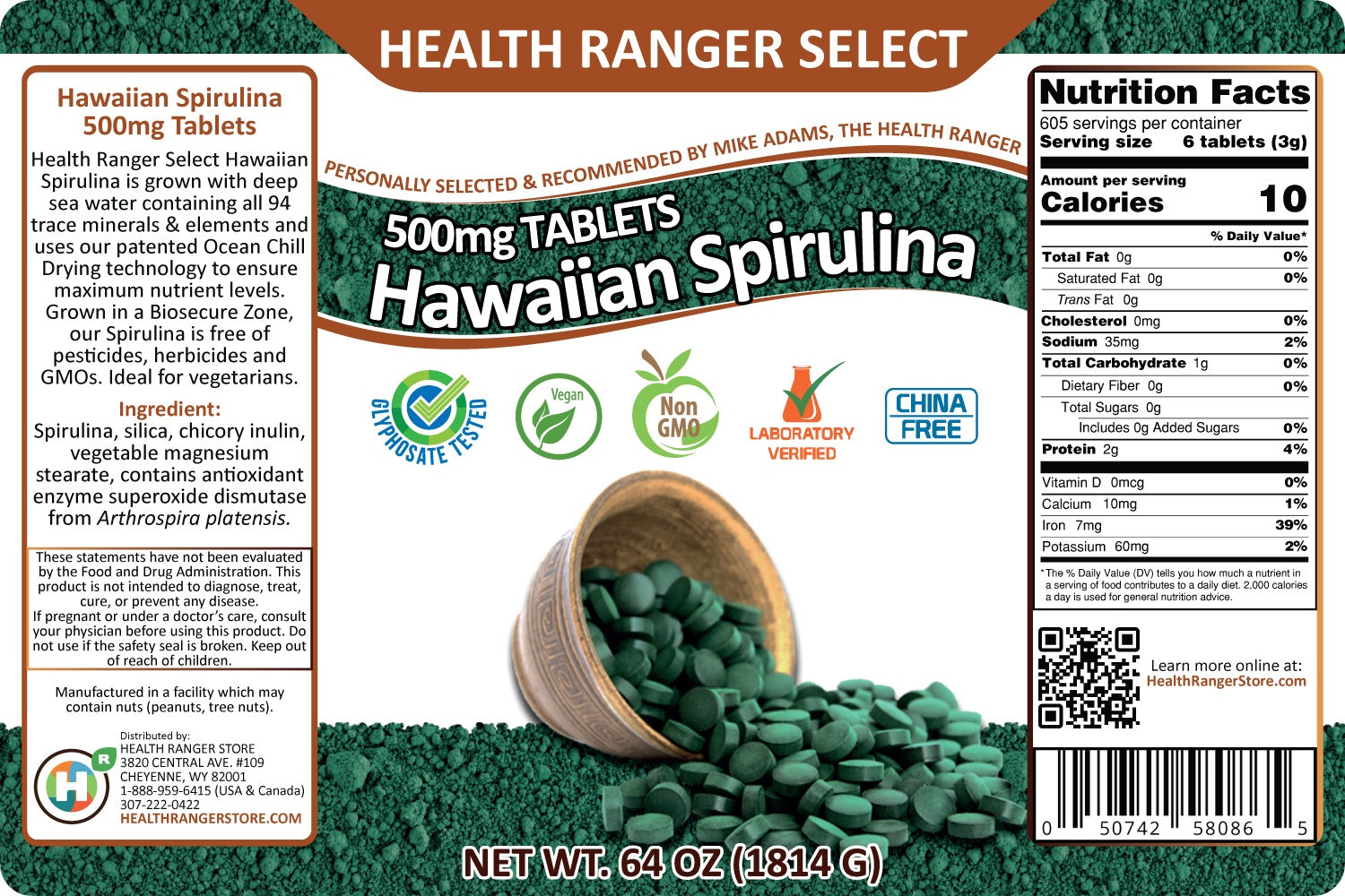 Hawaiian Spirulina Cold Pressed 500mg Tablets (64oz, 1814g), approximately 3628 tablets  (