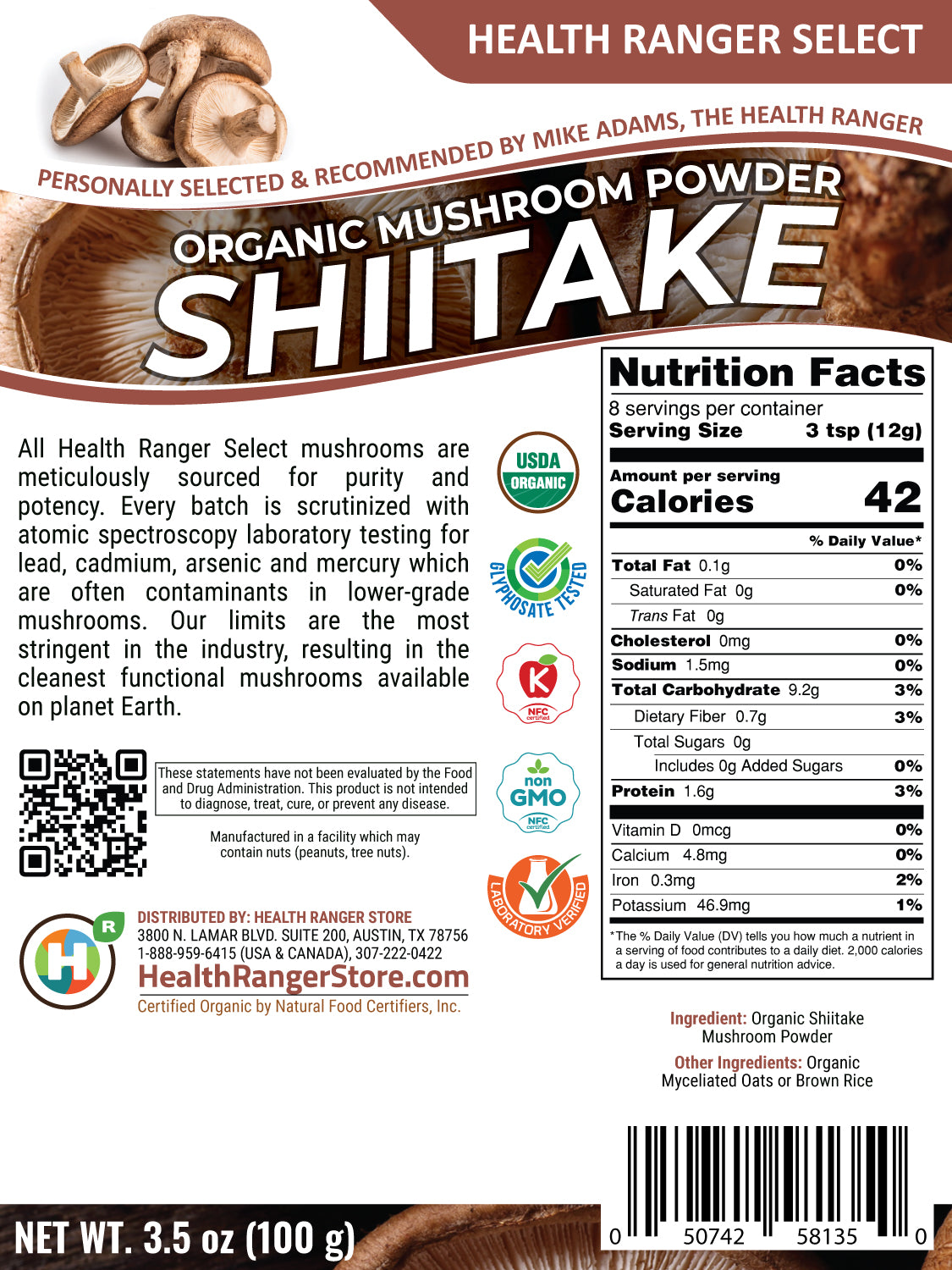 Organic Shiitake Mushroom Powder 3.5 oz (100g)