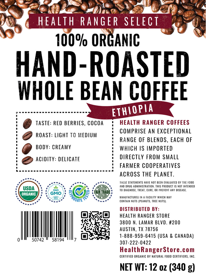 100% Organic Hand-Roasted Whole Bean Coffee (Ethiopia) 12oz, 340g