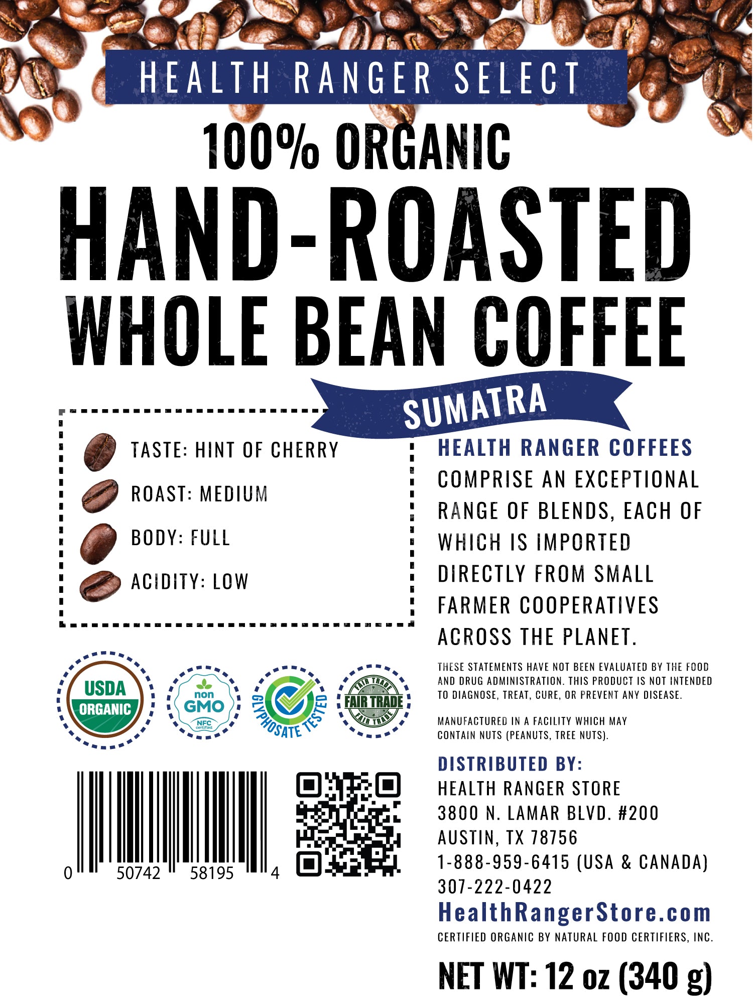 100% Organic Hand-Roasted Whole Bean Coffee (Sumatra) 12oz, 340g (6-Pack)