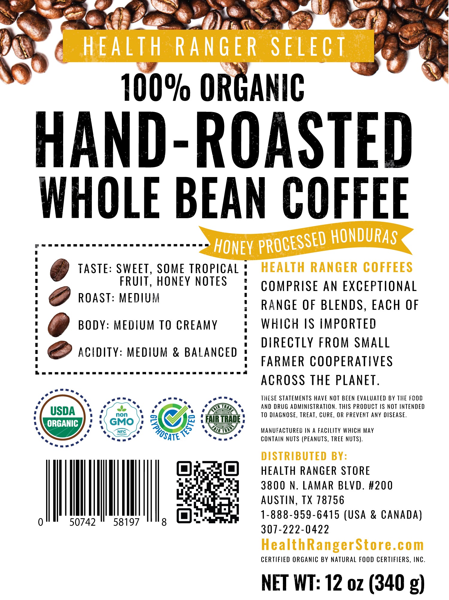 100% Organic Hand-Roasted Whole Bean Coffee (Honey Processed Honduras) 12oz, 340g