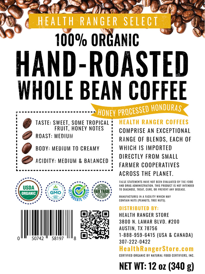 100% Organic Hand-Roasted Whole Bean Coffee (Honey Processed Honduras)   12oz, 340g (6-Pack)