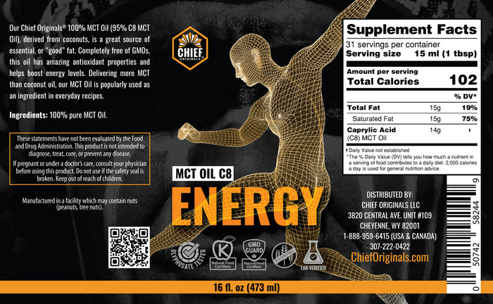 Chief Originals 100% MCT Oil (95% C8 MCT Oil) - Energy 16 fl oz (473 ml) (6-Pack)