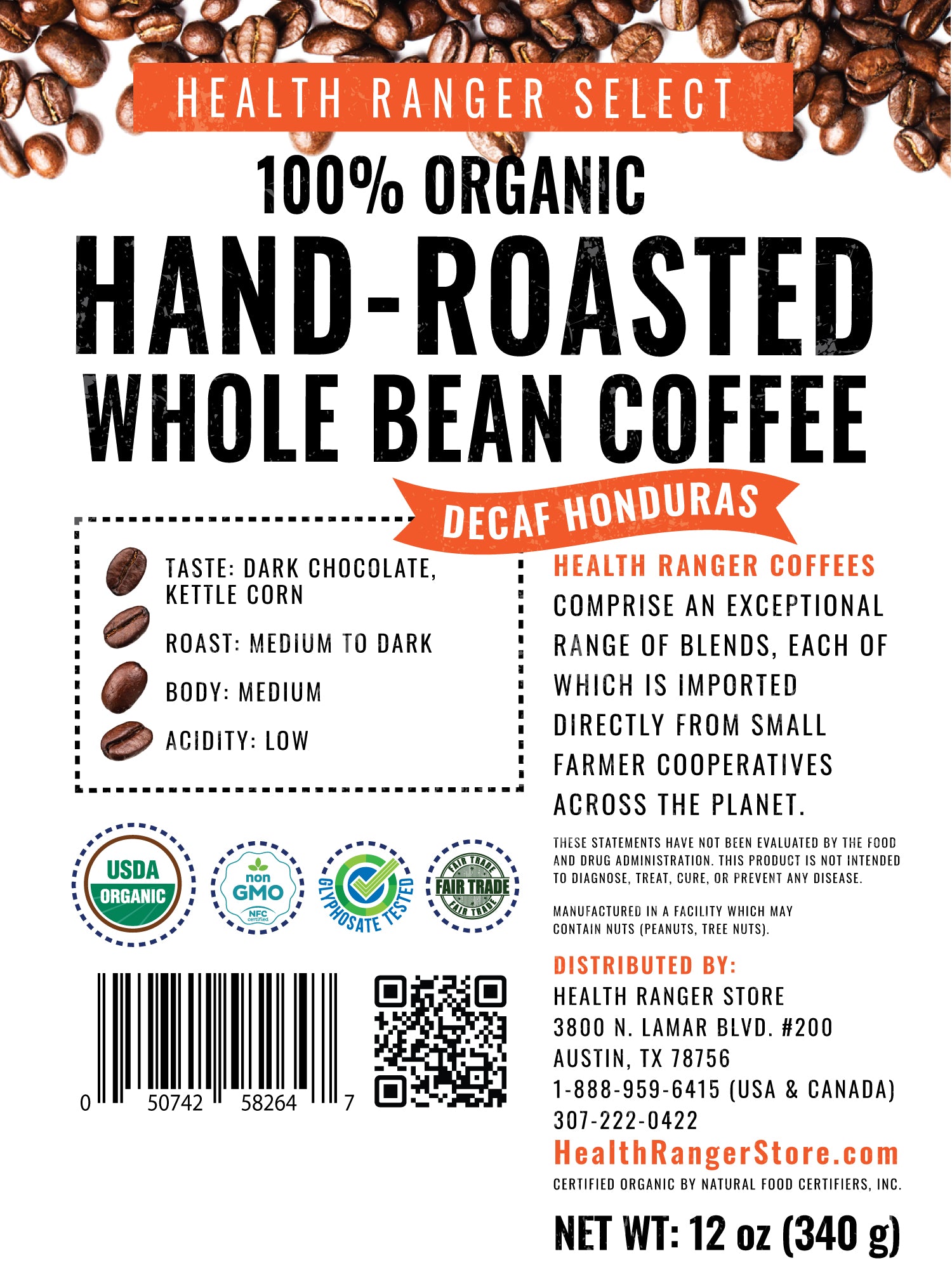 100% Organic Hand-Roasted Whole Bean Coffee (Decaf Honduras) 12oz, (340g)