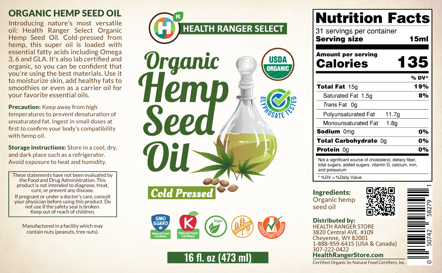 Organic Hemp Seed Oil - Cold-Pressed 16 fl oz (473ml)