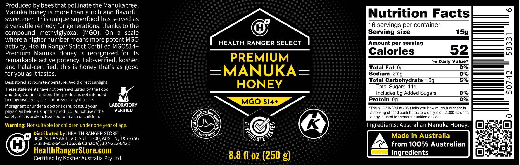 Premium Manuka Honey MGO 514+ (15+ NPA) 8.8 fl oz (250g)