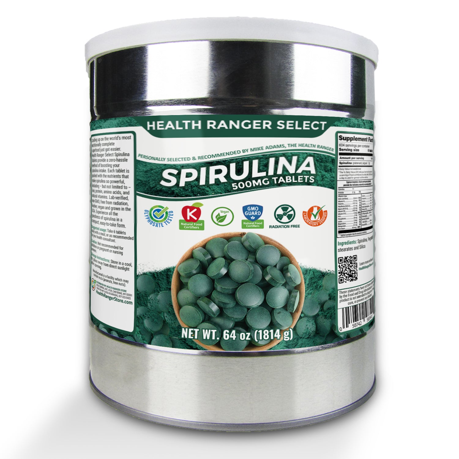 Health Ranger Select Spirulina 500mg Tablets 64oz (1814g) 