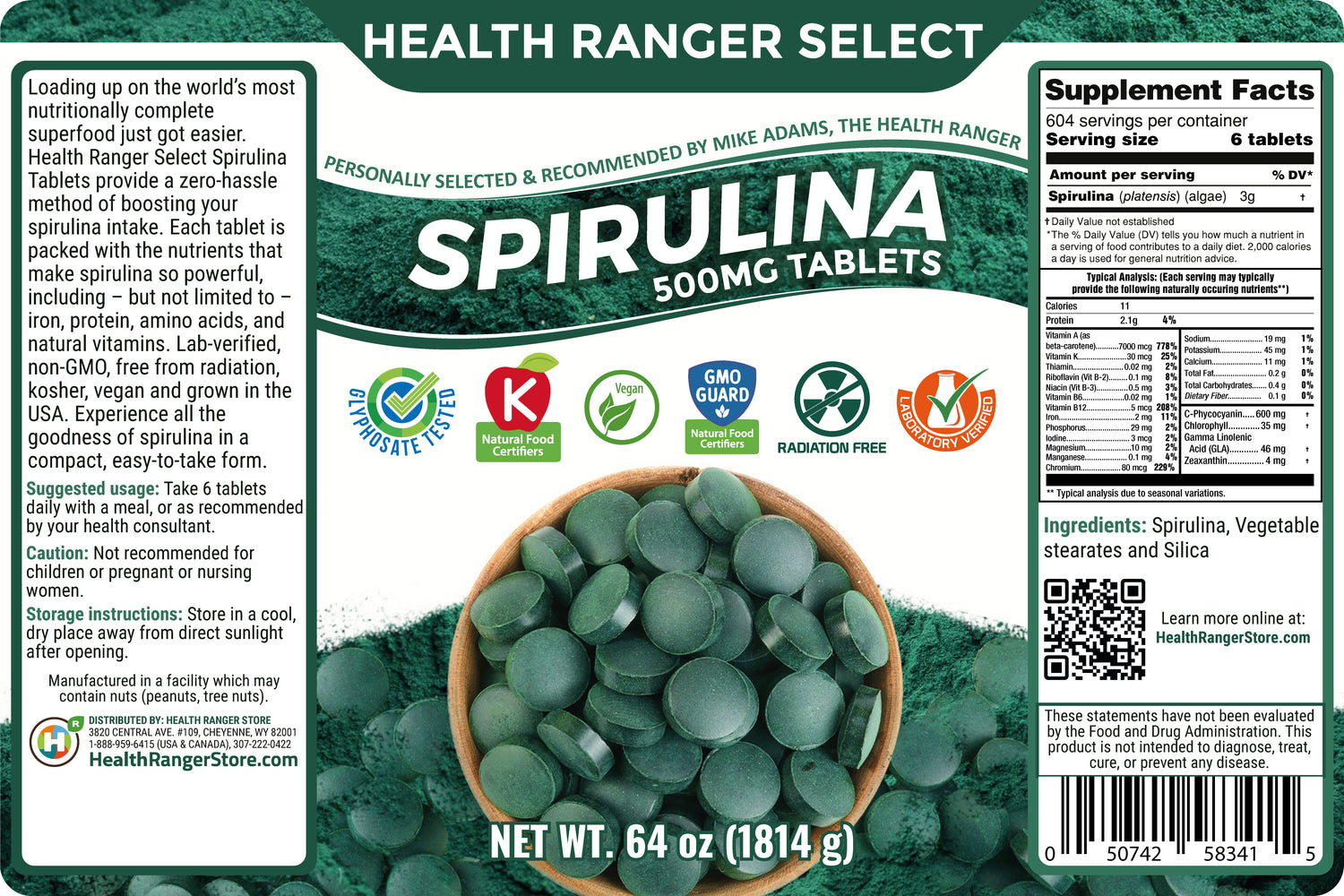 Health Ranger Select Spirulina 500mg Tablets 64oz (1814g) 